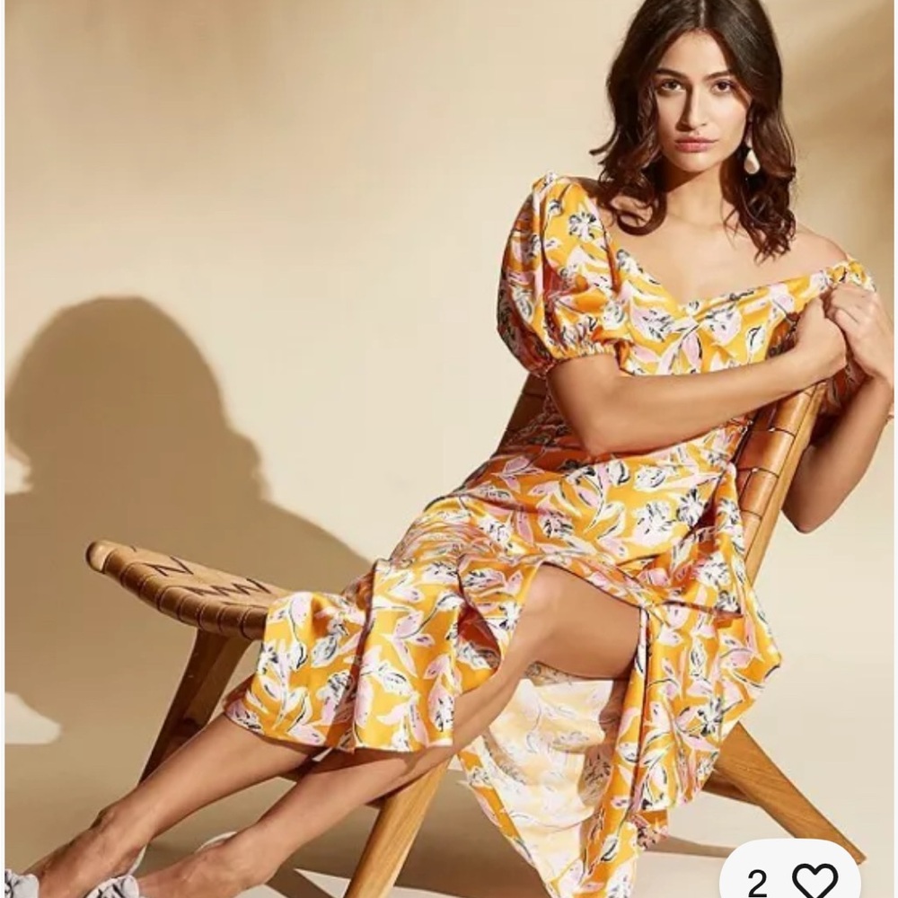 Sachin & Babi Ava Puff Sleeve Faux Wrap Ruffle Midi Dress 8 Yellow Floral Satin